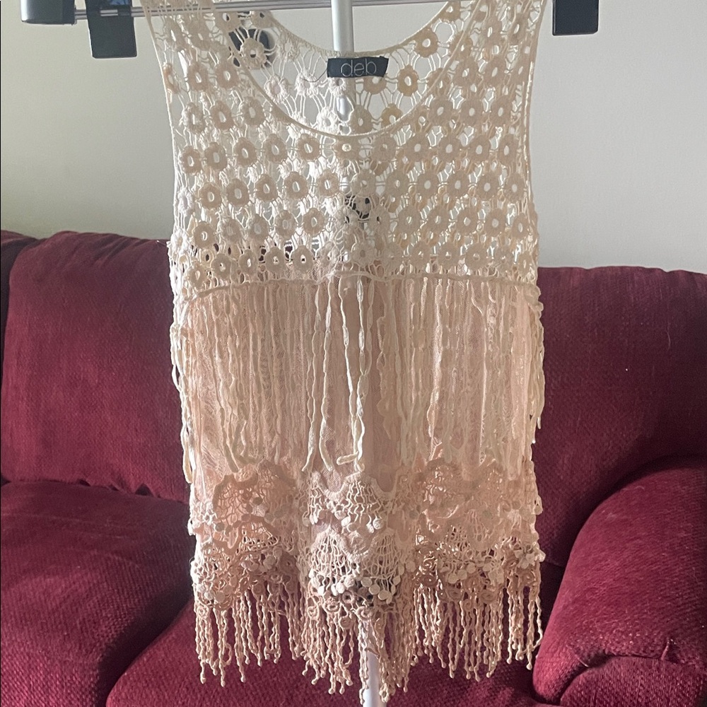 Deb Women's Beige Crochet Fringe Blouse
